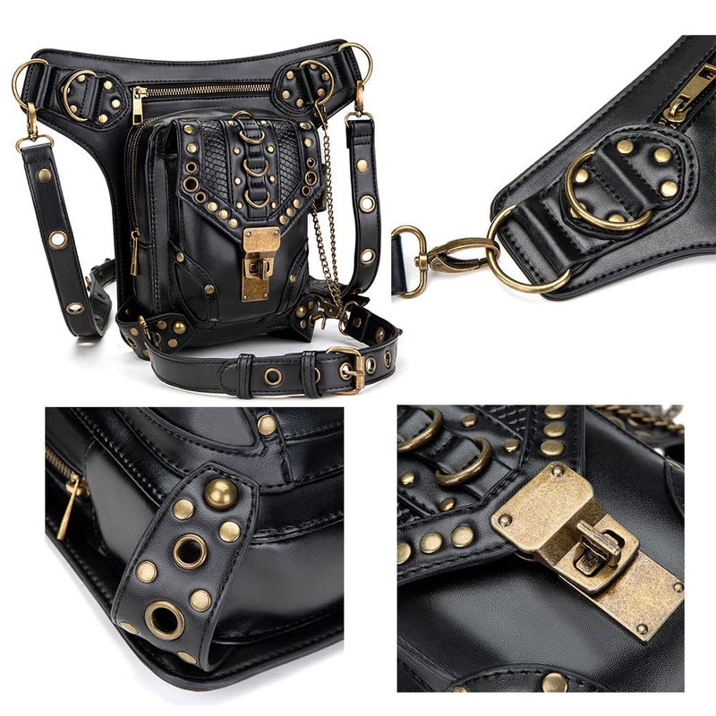 Valentoria Steampunk Crossbody Shoulder Bag Messenger Gothic Waist Fanny Pack Chain Drop Leg Hip Holster Belt Purse Pouch Black - Image 5